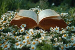 Open Book Among Daisies Nature and Knowledge Harmony for Tranquil Reading Experience photo