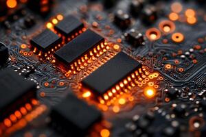 Advanced Technology Circuit Board with Illuminated Microchips and Components photo