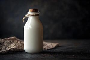 Rustic Milk Bottle with Cork Stopper on Dark Rustic Background for Culinary Design photo