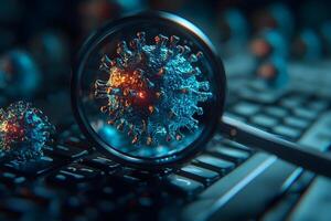Digital Security Threats Virus Under Magnification on Keyboard Concept photo