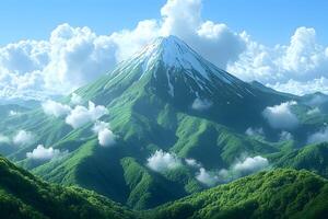 Scenic Mountain Landscape with Snow-Capped Peak and Verdant Valley for Nature Prints photo