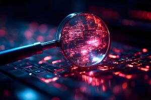 Cybersecurity Analysis Concept with Magnifying Glass and Digital Code on Keyboard photo