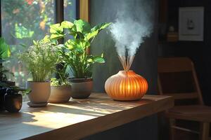 Aromatic Diffuser and Indoor Plants in Sunlit Cozy Home Interior photo