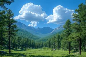 Majestic Mountain Landscape Under Blue Sky and Fluffy Clouds photo
