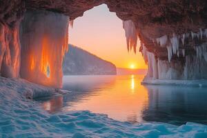Breathtaking Winter Sunrise in Icicle-Covered Cave by Frozen Lake Shore photo