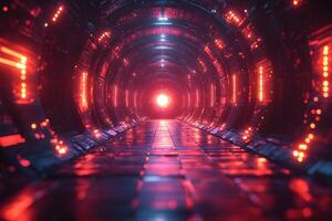 Futuristic Sci-Fi Tunnel with Glowing Red Lights - Digital Background for Tech Design photo