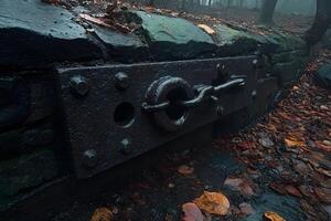 Rustic Forest Lock Mechanism on Stone Wall in Misty Autumn Setting photo