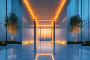 Modern Architectural Hallway with Futuristic Lighting Design and Cityscape View photo