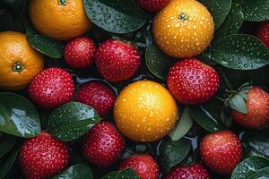 Fresh Citrus and Berry Arrangement with Water Droplets for Natural Design Concepts photo