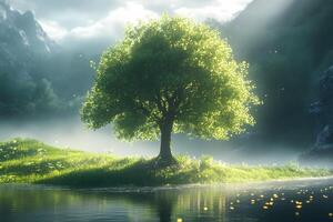 Serene Tree in Lush Valley Nature's Serenity for Calm and Inspiration photo