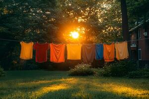 Sunlit Laundry Line with Colorful T-Shirts in a Tranquil Backyard Setting photo