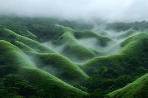 Tranquil Mist Over Lush Green Hills in Serene Landscape Design for Nature Prints photo