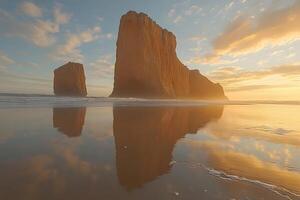 Majestic Coastal Rock Formations at Sunset with Reflections photo