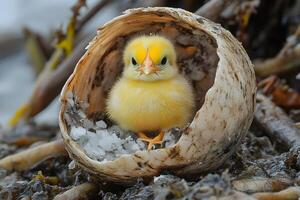 Adorable Yellow Chick in Eggshell on Natural Background for Spring Themes photo