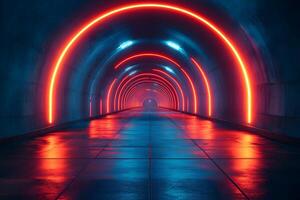 Futuristic Neon Lit Tunnel with Reflective Floor - Modern Design Background for Technology and Sci-Fi Themes photo