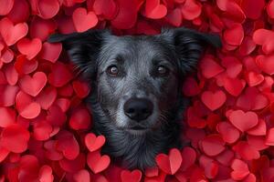 Black Dog Surrounded by Heart Petals - Romantic Valentine's Concept for Posters, Cards, Print Design photo