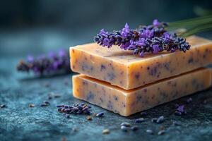 Handmade Lavender Soap Bars with Fresh Sprigs for Spa and Relaxation Concepts photo
