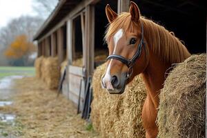 Chestnut Horse in Rustic Stable Setting for Equestrian and Farm Themes photo