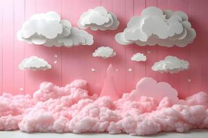 Dreamy Pink Cloud Fantasy Scene with Paper Clouds and Castle for Imaginative Design photo