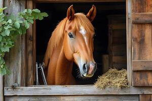 Charming Chestnut Horse in Barn Window Setting for Rustic Farm Decor photo