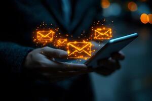 Digital Communication Concept with Glowing Email Icons on Smartphone Display photo