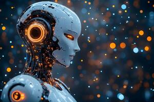 Futuristic AI Concept - Cybernetic Android Profile Glowing in Digital Space photo