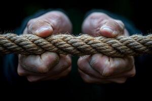 Strength and Determination Close-Up of Hands Pulling a Rope for Teamwork and Perseverance photo