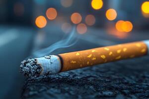 Burning Cigarette with City Lights Bokeh Urban Street Photography for Smoking Awareness Campaigns photo