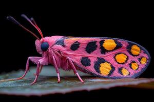 Vibrant Pink Moth with Patterned Wings Resting on Leaf photo