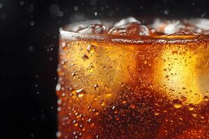 Refreshing Fizzy Cola Beverage with Ice on Black Background photo