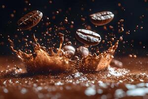 Dynamic Coffee Splash with Flying Beans for Beverage Design photo