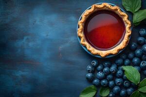 Blueberry Tart with Fresh Blueberries on Rustic Blue Background for Culinary Design photo