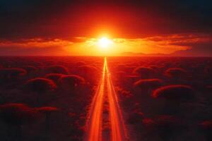 Dramatic Sunset Over Desert Road with Stunning Red Horizon and Bush Silhouettes photo