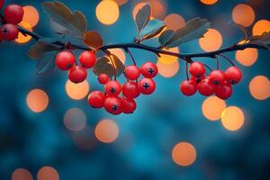Festive Holiday Theme with Red Berries and Warm Bokeh Lights for Seasonal Design photo