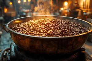 Steaming Roasted Coffee Beans in Rustic Setting for Cafe Decor and Design photo