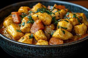 Rustic Chicken Stew with Vegetables and Fresh Herbs in a Ceramic Bowl photo