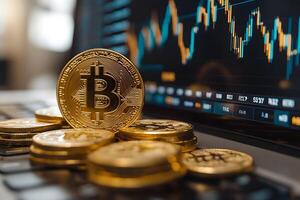 Cryptocurrency Trading Concept with Bitcoin Coins and Market Chart on Laptop photo