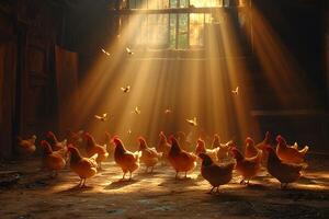 Serene Sunlit Barn with Flock of Chickens Under Golden Rays for Rustic Farmhouse Decor photo
