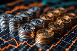 Cryptocurrency Market Trends with Bitcoin Stacks and Financial Data Charts photo
