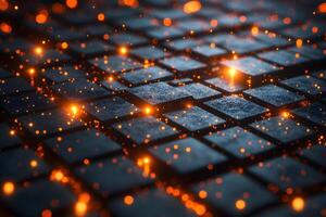 Futuristic Digital Network with Glowing Orange Sparks - Technology Background for Design photo