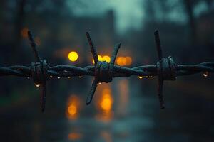 Moody Rainy Evening with Barbed Wire and Bokeh Lights for Dramatic Design photo