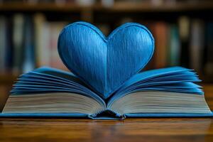 Blue Heart Art Sculpture Resting on Open Book in Cozy Library for Literary Design photo