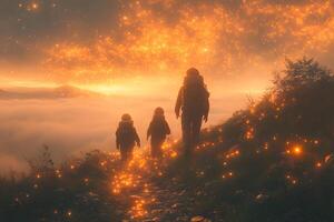 Astronaut Family Journey Exploring Mystical Mountain Trails at Sunset photo
