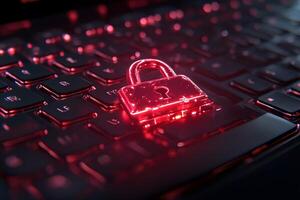 Cybersecurity Concept Featuring Glowing Red Lock on Keyboard for Digital Security Themes photo