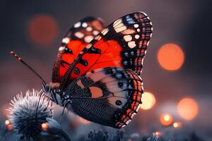 Vibrant Butterfly Resting on Flower with Warm Tones and Bokeh for Nature Photography photo