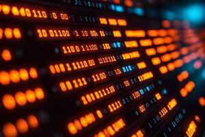 Digital Data Stream with Binary Code Representation in Orange and Blue Glow photo