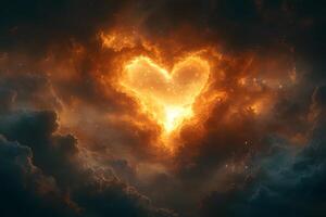 Heart-Shaped Fiery Clouds in a Mystical Sky - Perfect for Romantic and Fantasy Themes photo