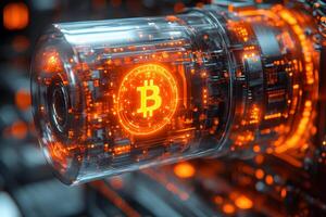 Futuristic Cryptocurrency Concept with Illuminated Bitcoin Symbol in Digital Network Design photo