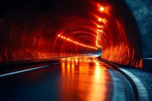 Illuminated Urban Tunnel with Reflective Road for Modern City Infrastructure photo