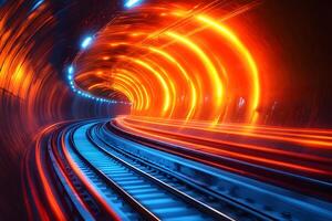 Futuristic Neon Tunnel with Glowing Lights and Dynamic Motion Blur for Modern Design photo
